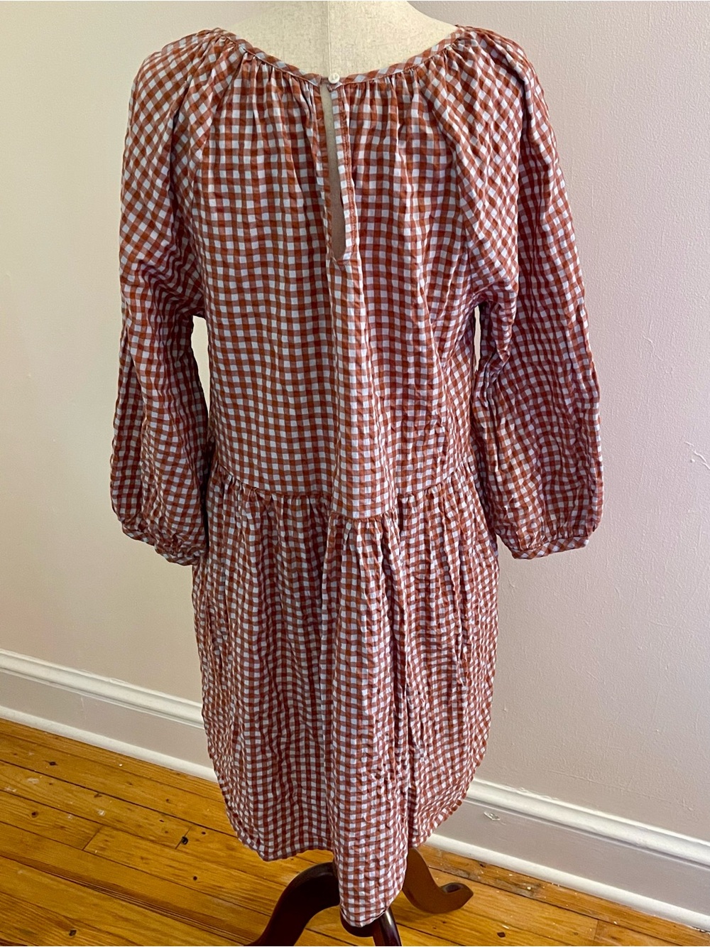 Madewell Rust Gingham Cotton Tiered Mini Dress Balloon Sleeve 8 - Picture 4 of 7